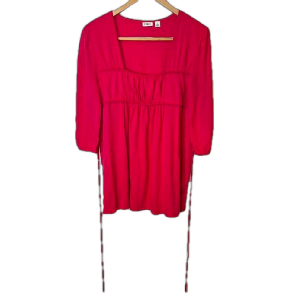 Cato Womens Babydoll Top Size XL Pink Tie String Waist 3/4 Sleeve Square Neck